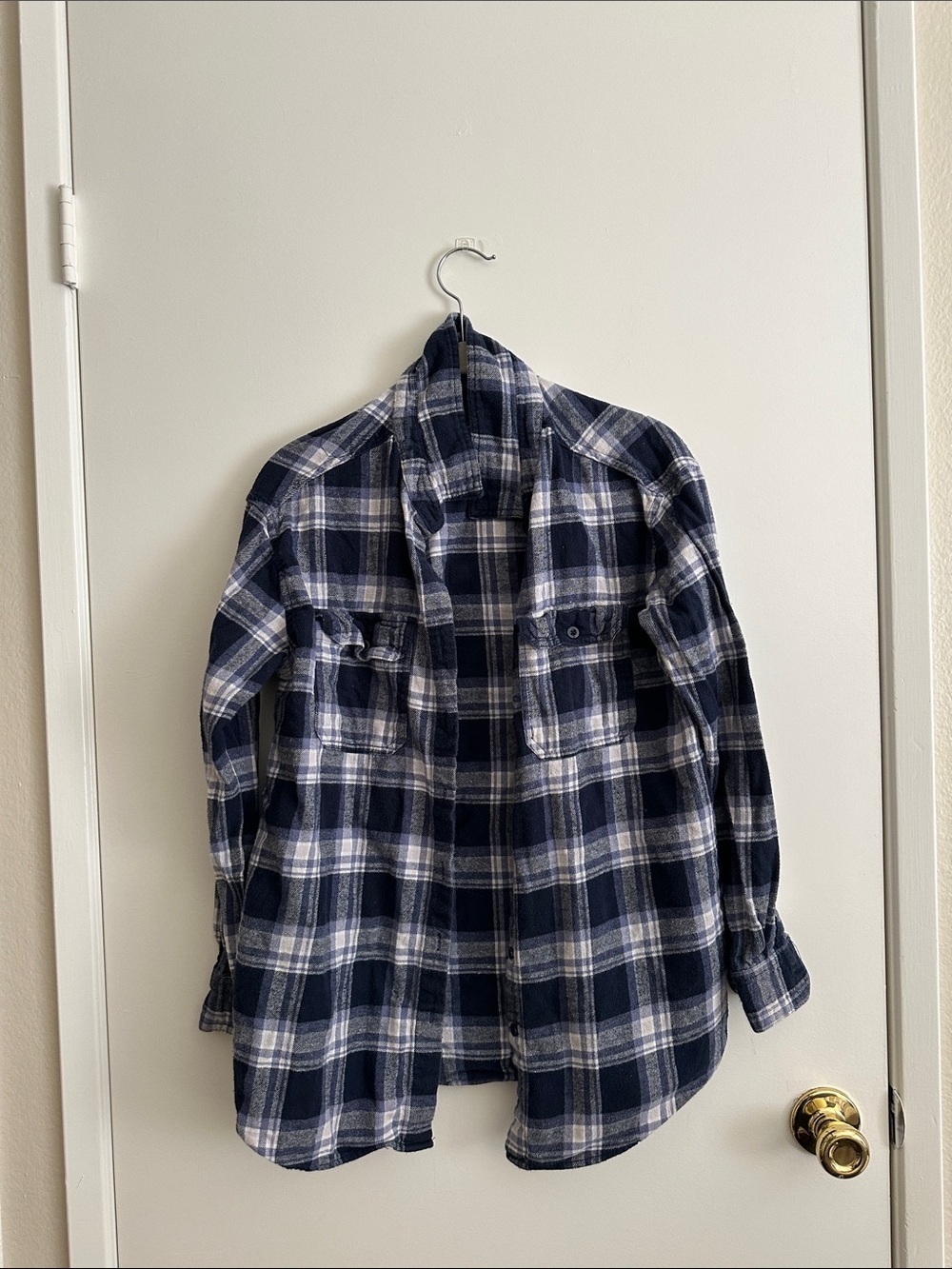Navy and White Plaid Flannel Shirt
